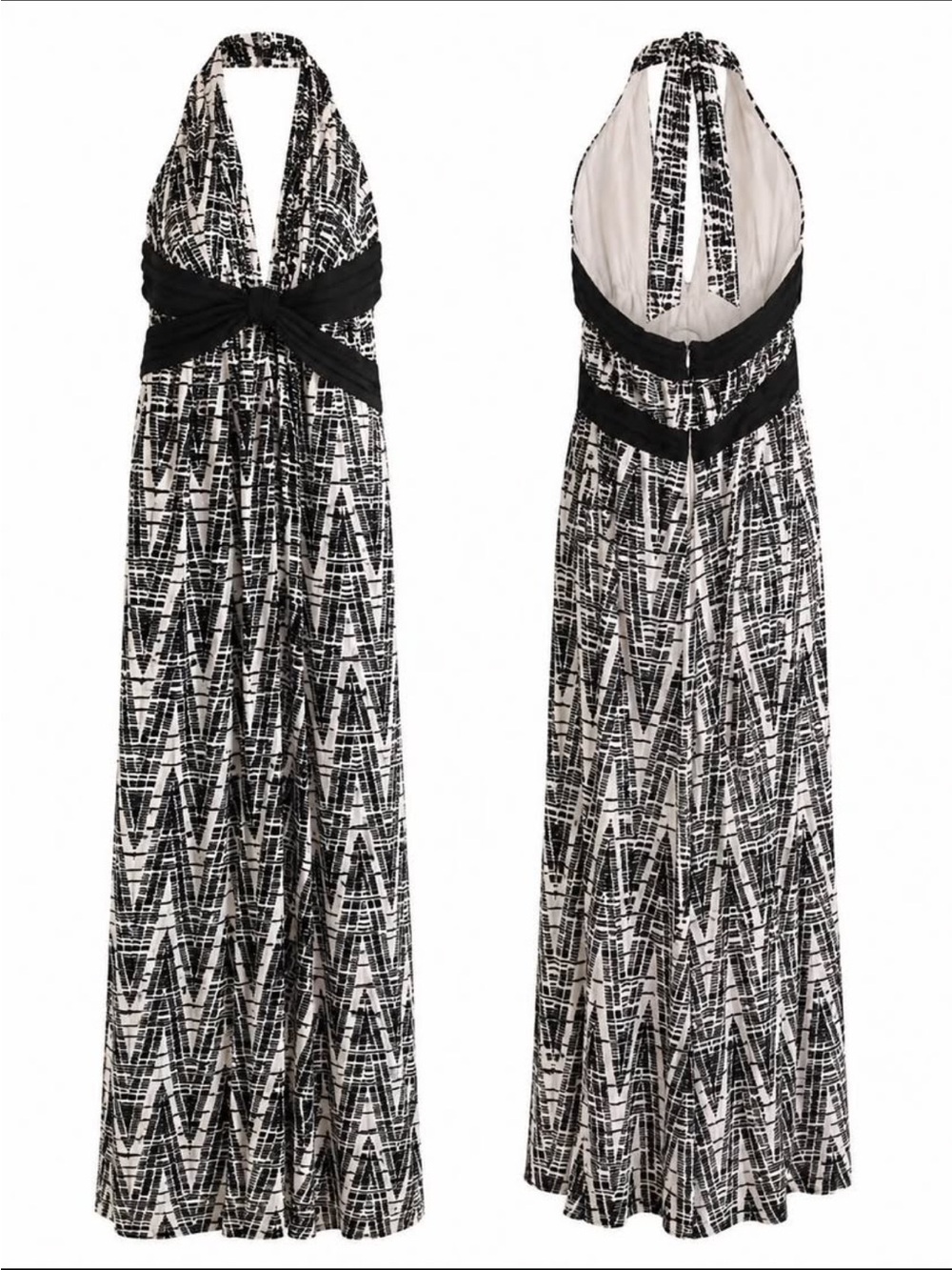 BCBGMaxAzria Black and White Geometric Halter Maxi Dress with Contrasting Waist